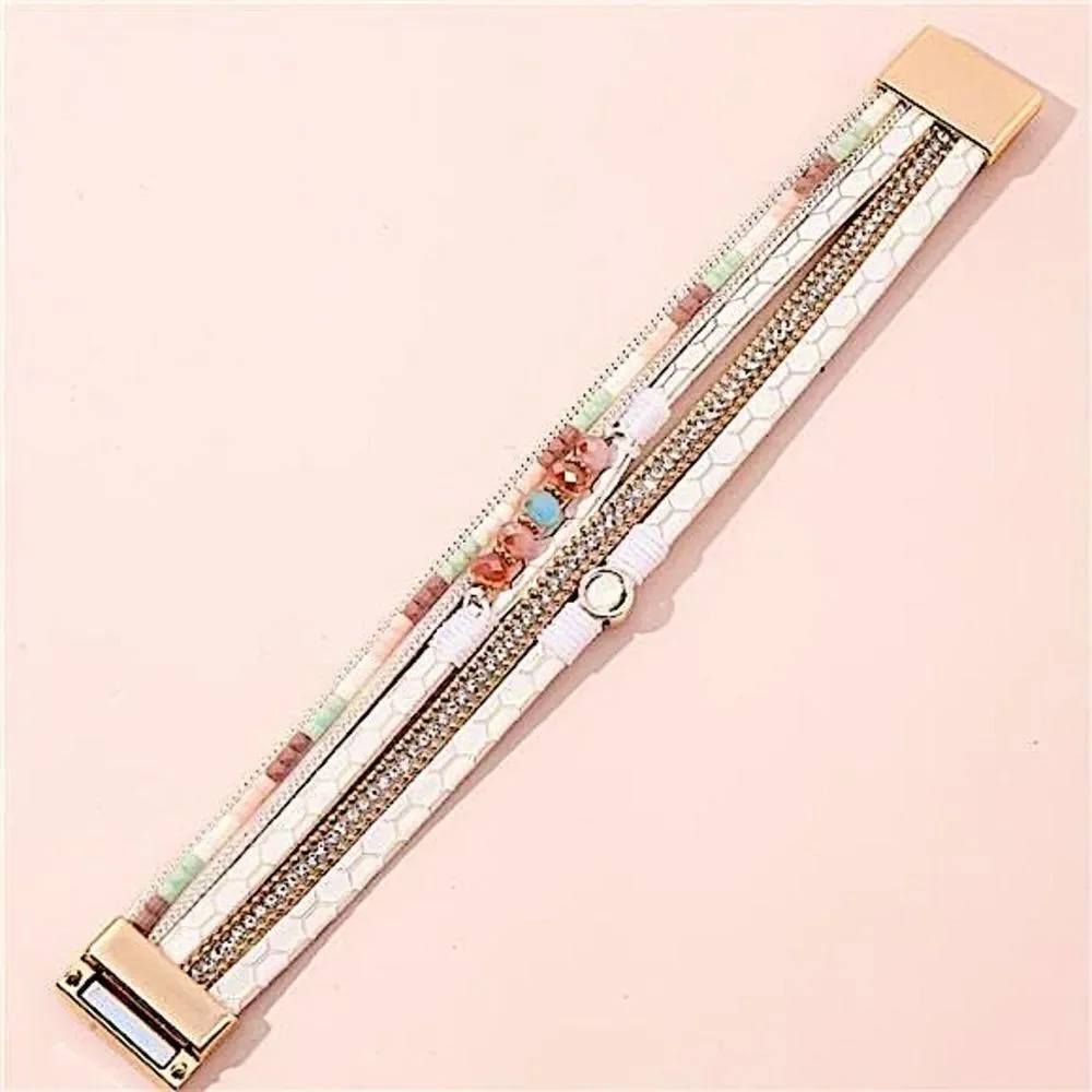 Boho White Multi-Layer Beaded Bracelet Magnetic Clasp Gemstone Accent Stackable